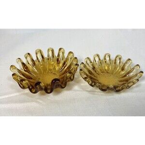 Vintage Two Art Glass 14 Finger Stretch Pulled Edge Candy Nut Trinket Dish Amber